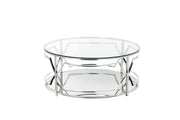 Glass Round Coffee Table with Metal Open Geometric Design Base, Silver and Clear