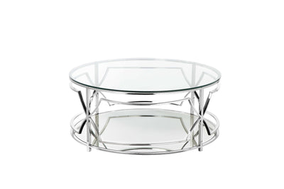 Glass Round Coffee Table with Metal Open Geometric Design Base, Silver and Clear