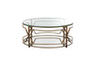 Glass Round Coffee Table with Metal Open Geometric Design Base, Bronze and Clear