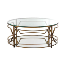 Glass Round Coffee Table with Metal Open Geometric Design Base, Bronze and Clear
