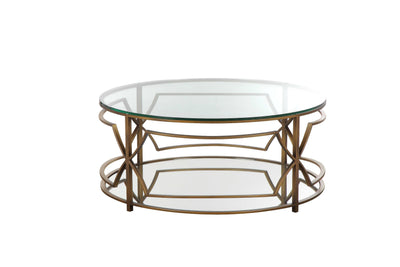 Glass Round Coffee Table with Metal Open Geometric Design Base, Bronze and Clear