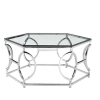 Metal Frame Coffee Table with Glass Top and Three Dimension Circular Design, Silver and Clear