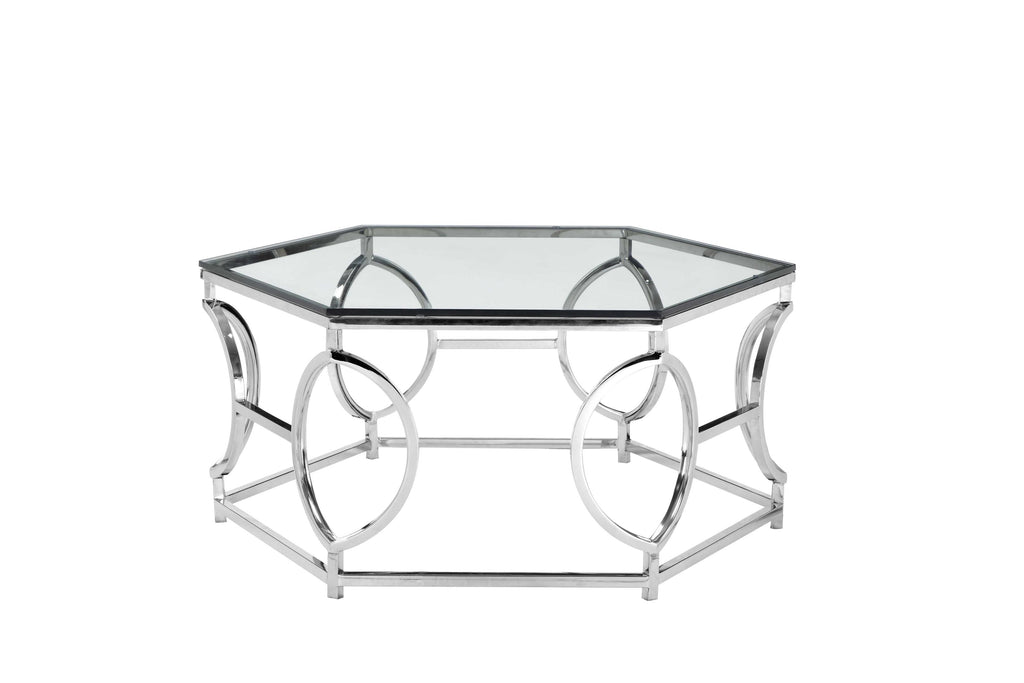 Metal Frame Coffee Table with Glass Top and Three Dimension Circular Design, Silver and Clear