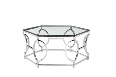 Metal Frame Coffee Table with Glass Top and Three Dimension Circular Design, Silver and Clear