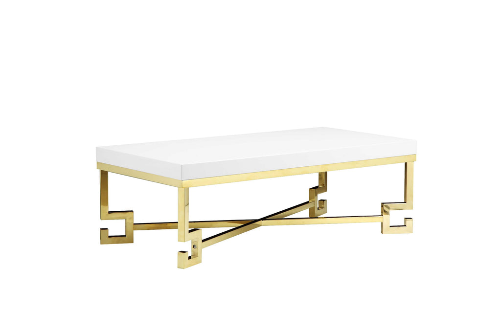 Wooden Coffee Table with Designer Metal Feet and X Crossed Support, White and Gold