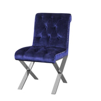 Velvet Button Tufted Dining Side Chairs with Steel X Style Legs, Blue and Silver, Set of Two