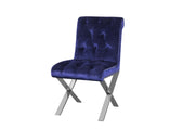 Velvet Button Tufted Dining Side Chairs with Steel X Style Legs, Blue and Silver, Set of Two