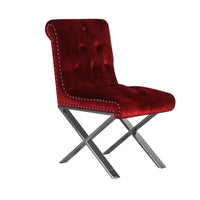 Velvet Button Tufted Dining Side Chairs with Steel X Style Legs, Red and Silver, Set of Two