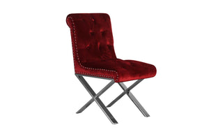 Velvet Button Tufted Dining Side Chairs with Steel X Style Legs, Red and Silver, Set of Two