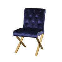 Velvet Upholstered Dining Side Chairs with Steel X Style Legs, Blue and Gold, Set of Two