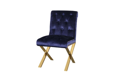 Velvet Upholstered Dining Side Chairs with Steel X Style Legs, Blue and Gold, Set of Two