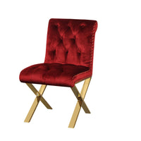 Modern Style Velvet Dining Side Chairs with Steel X Style Legs, Red and Gold, Set of Two