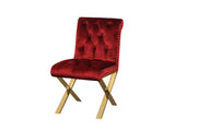 Modern Style Velvet Dining Side Chairs with Steel X Style Legs, Red and Gold, Set of Two