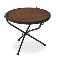 Wooden Round Table with Crossed Legs and Round Wheel Detailing, Black