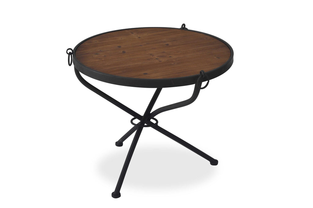 Wooden Round Table with Crossed Legs and Round Wheel Detailing, Black