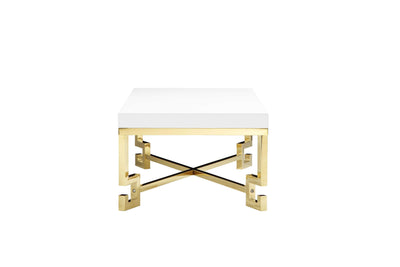 Wooden Square Side Table with Designer Metal Feet and X Crossed Support, White and Gold