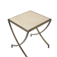 Marble Square Side Table with Metal X Style Curved Legs, Gold and Beige