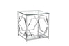 Glass Side Table with Metal Open Geometric Design Base and One Shelf, Silver and Clear