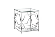 Glass Side Table with Metal Open Geometric Design Base and One Shelf, Silver and Clear