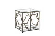 Glass Side Table with Metal Open Geometric Design Base and One Shelf, Bronze and Clear