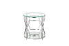 Glass Round Side Table with Metal Open Geometric Design Base and One Shelf, Silver and Clear