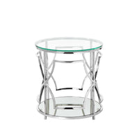Glass Round Side Table with Metal Open Geometric Design Base and One Shelf, Silver and Clear