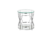 Glass Round Side Table with Metal Open Geometric Design Base and One Shelf, Silver and Clear