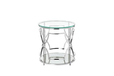 Glass Round Side Table with Metal Open Geometric Design Base and One Shelf, Silver and Clear