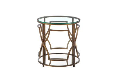 Glass Round Side Table with Metal Open Geometric Design Base and One Shelf, Bronze and Clear