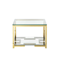 Glass Side Table with Geometric Metal Base and Open Shelf, Gold and Clear