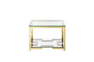 Glass Side Table with Geometric Metal Base and Open Shelf, Gold and Clear