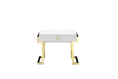 Wooden One Drawer Side Table with Ring Pull and Stainless Steel Feet, White and Gold