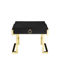 Wooden One Drawer Side Table with Ring Pull and Stainless Steel Feet, Black and Gold