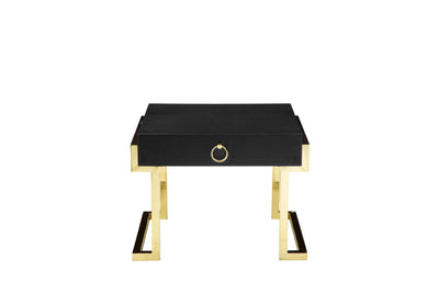 Wooden One Drawer Side Table with Ring Pull and Stainless Steel Feet, Black and Gold