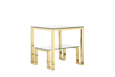 Geometric Metal Framework Side Table with Glass Top and Open Shelf, Gold and Clear