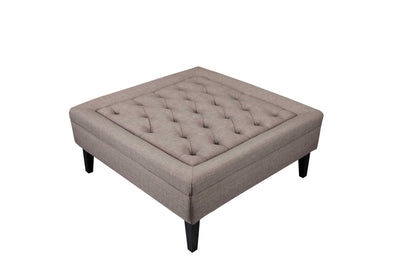 Fabric Upholstered Button Tufted Ottoman with Tapered Wooden Feet, Brown and Black