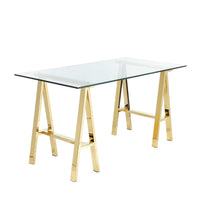 Glass Writing Desk with Metal Sawhorse Style Legs, Gold and Clear