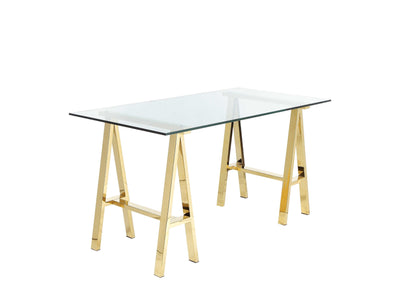 Glass Writing Desk with Metal Sawhorse Style Legs, Gold and Clear