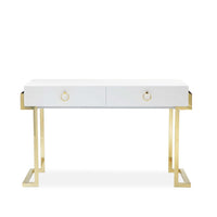 Wooden Two Drawers Writing Desk with Stainless Steel Legs, White and Gold