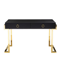 Wooden Two Drawers Writing Desk with Stainless Steel Legs, Black and Gold