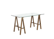 Rectangular Glass Top Desk with Metal Sawhorse Style Legs, Bronze and Clear