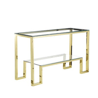 Modern Metal Frame Console Table with Glass top and Open Shelf, Gold and Clear