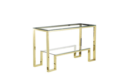 Modern Metal Frame Console Table with Glass top and Open Shelf, Gold and Clear