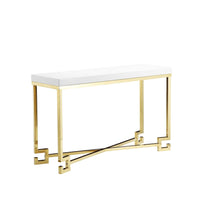 Wooden Console Table with Designer Metal Feet and X Crossed Support, White and Gold