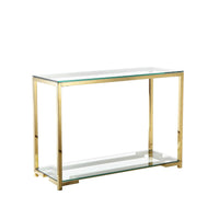 Glass Console Table with Geometric Metal Base and Open Shelf, Gold and Clear