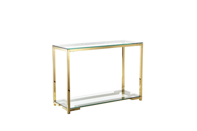 Glass Console Table with Geometric Metal Base and Open Shelf, Gold and Clear