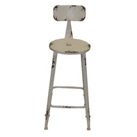 Distressed Metal Round Seat Counter Stool with Curved Backrest and Flared Feet, White