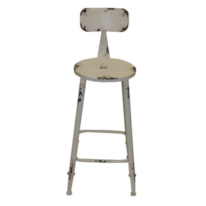 Distressed Metal Round Seat Counter Stool with Curved Backrest and Flared Feet, White