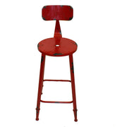 Distressed Metal Round Seat Counter Stool with Curved Backrest and Flared Feet, Red