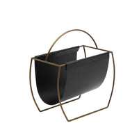 Metal and Leatherette Magazine Rack with Tall Carrying Handle, Black and Gold